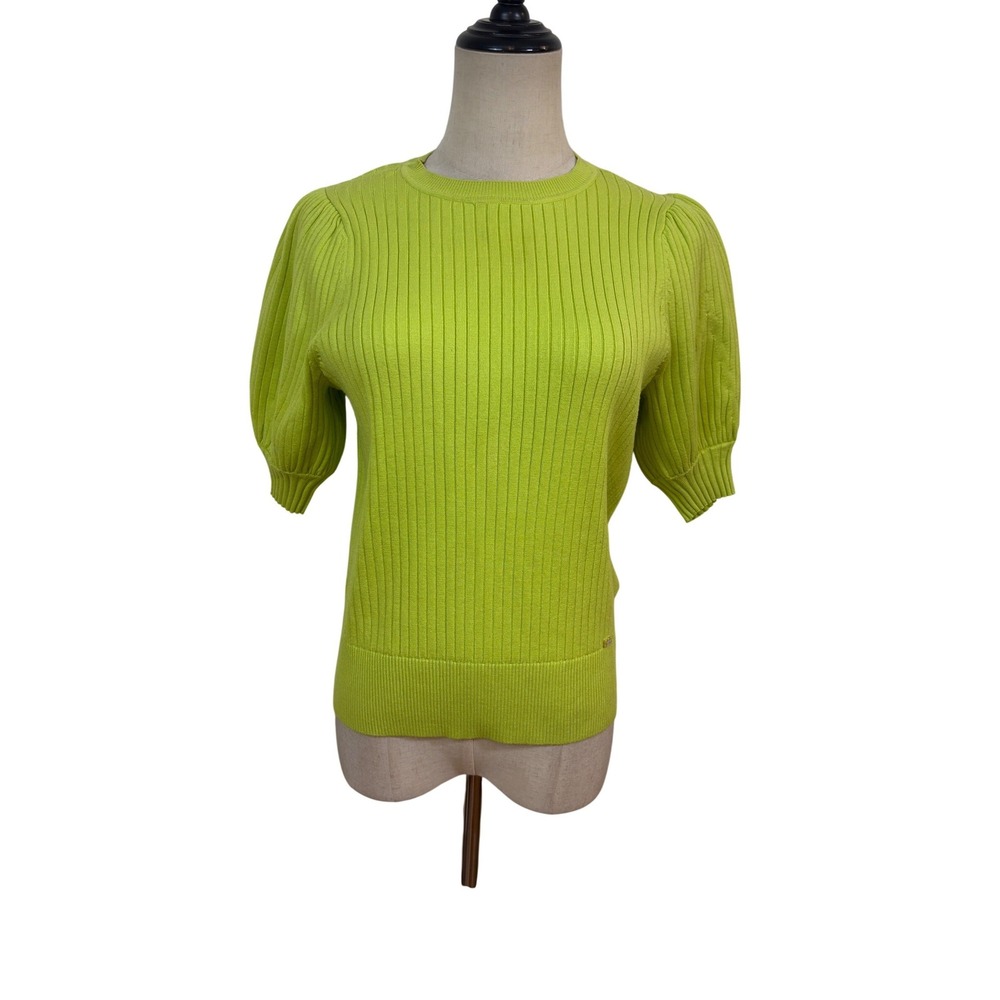 Ted Baker Maaybel‎ Knit Top Womens 2 Lime Green Puff Sleeve Ribbed Quiet Luxury